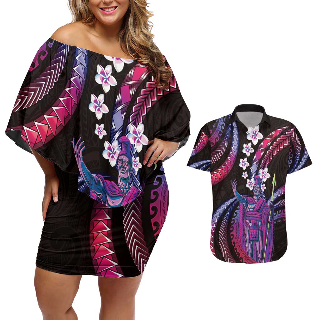 Hawaii King Kamehameha Couples Matching Off Shoulder Short Dress and Hawaiian Shirt Fantastic Plumeria Sweet Vibes LT01 Pink - Polynesian Pride