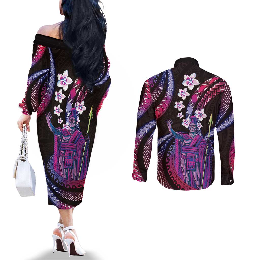 Hawaii King Kamehameha Couples Matching Off The Shoulder Long Sleeve Dress and Long Sleeve Button Shirt Fantastic Plumeria Sweet Vibes LT01 - Polynesian Pride