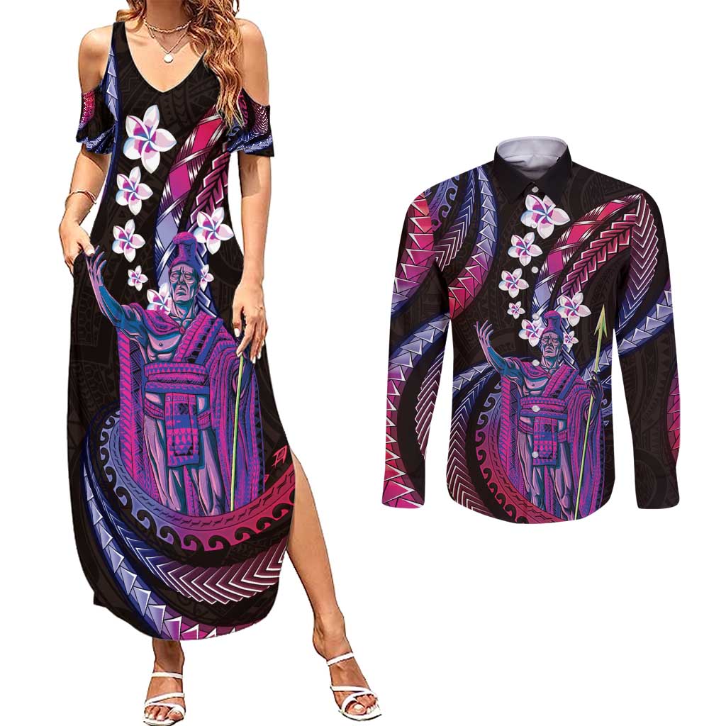 Hawaii King Kamehameha Couples Matching Summer Maxi Dress and Long Sleeve Button Shirt Fantastic Plumeria Sweet Vibes LT01 Pink - Polynesian Pride