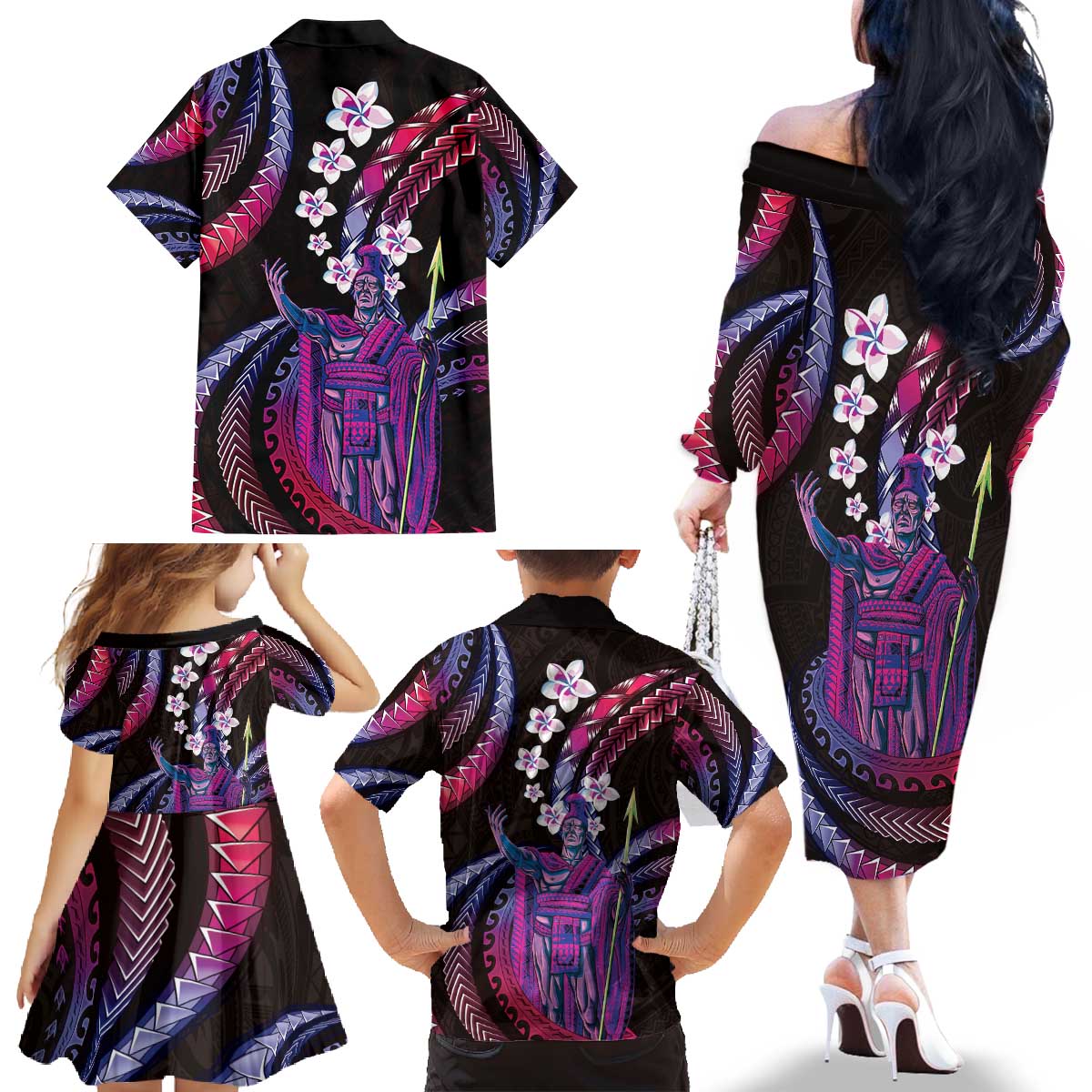 Hawaii King Kamehameha Family Matching Off The Shoulder Long Sleeve Dress and Hawaiian Shirt Fantastic Plumeria Sweet Vibes LT01 - Polynesian Pride
