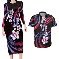 Hawaii Plumeria Couples Matching Long Sleeve Bodycon Dress and Hawaiian Shirt Sweet Gradient Polynesian Pattern