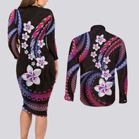 Hawaii Plumeria Couples Matching Long Sleeve Bodycon Dress and Long Sleeve Button Shirt Sweet Gradient Polynesian Pattern