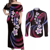 Hawaii Plumeria Couples Matching Off Shoulder Maxi Dress and Long Sleeve Button Shirt Sweet Gradient Polynesian Pattern