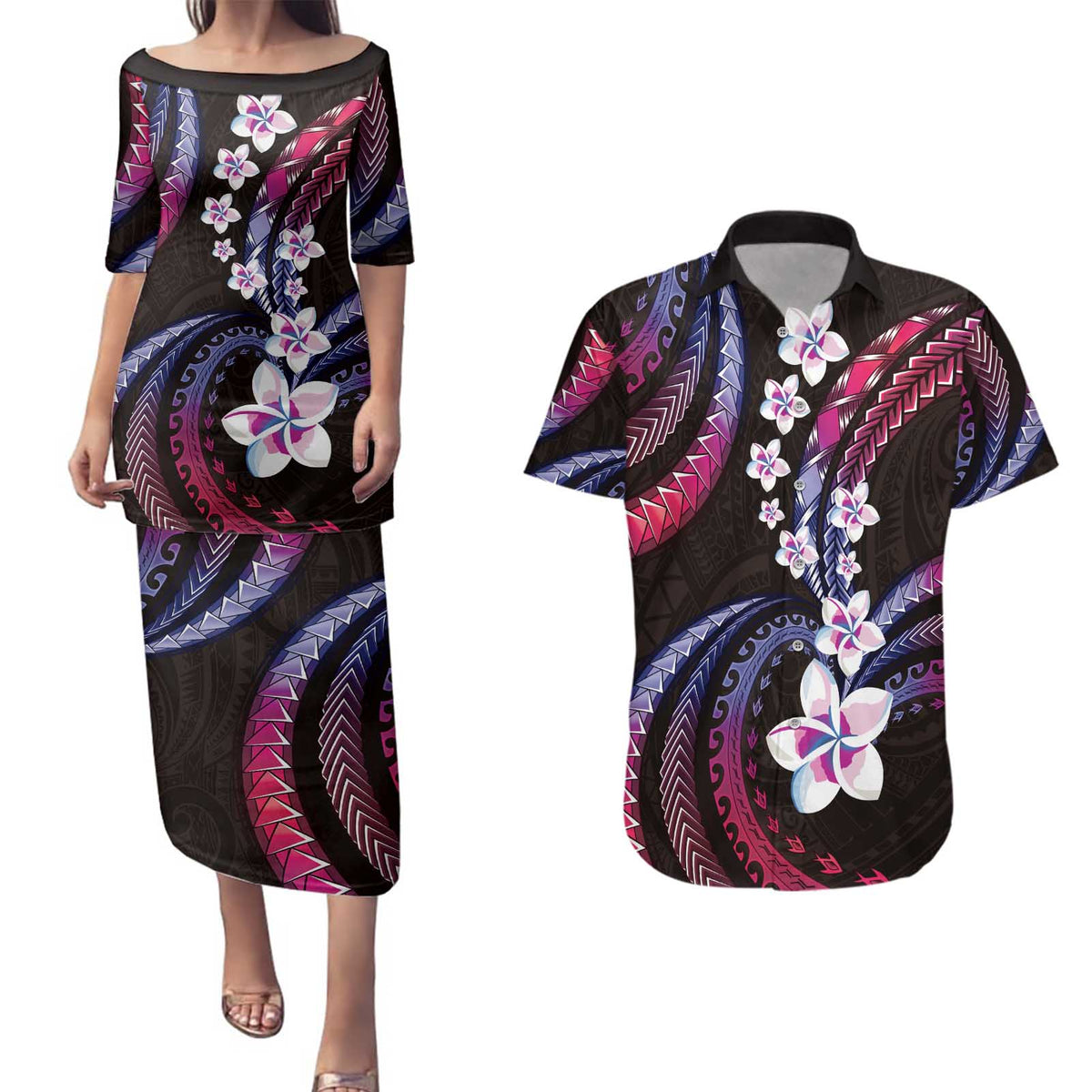 Hawaii Plumeria Couples Matching Puletasi and Hawaiian Shirt Sweet Gradient Polynesian Pattern
