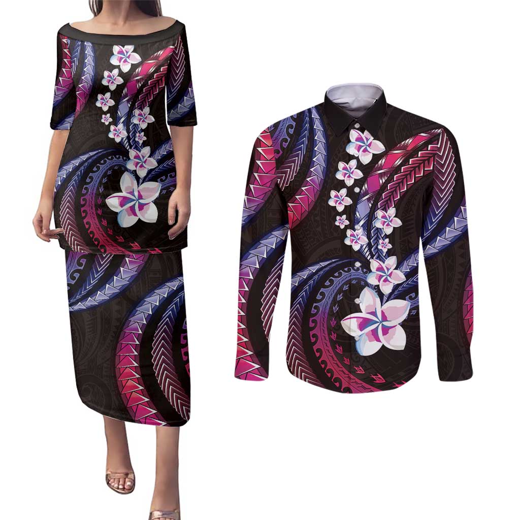 Hawaii Plumeria Couples Matching Puletasi and Long Sleeve Button Shirt Sweet Gradient Polynesian Pattern LT01 Pink - Polynesian Pride