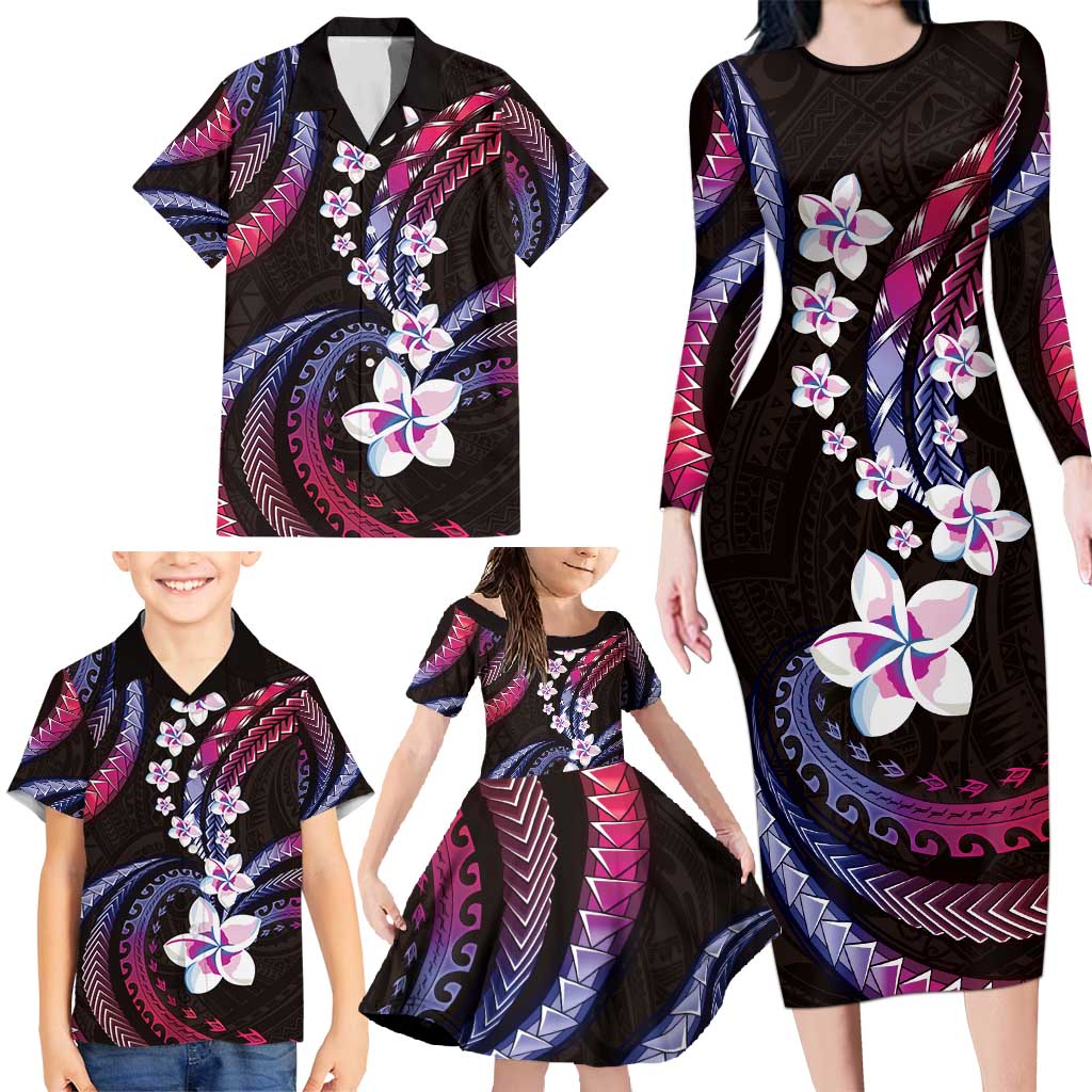 Hawaii Plumeria Family Matching Long Sleeve Bodycon Dress and Hawaiian Shirt Sweet Gradient Polynesian Pattern
