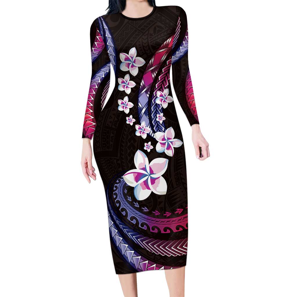 Hawaii Plumeria Long Sleeve Bodycon Dress Sweet Gradient Polynesian Pattern LT01 Long Dress Pink - Polynesian Pride