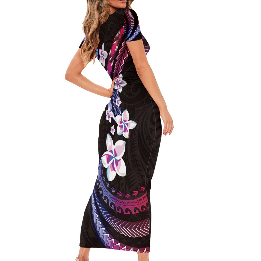 Hawaii Plumeria Short Sleeve Bodycon Dress Sweet Gradient Polynesian Pattern