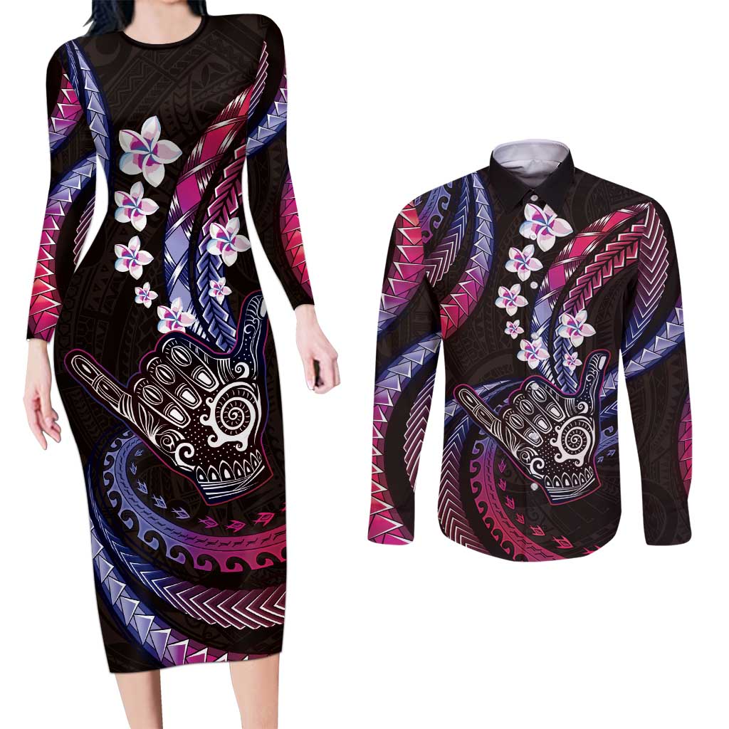 Hawaii Shaka Sign Couples Matching Long Sleeve Bodycon Dress and Long Sleeve Button Shirt Fantastic Frangipani Sweet Vibes LT01 Pink - Polynesian Pride