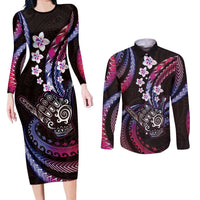 Hawaii Shaka Sign Couples Matching Long Sleeve Bodycon Dress and Long Sleeve Button Shirt Fantastic Frangipani Sweet Vibes LT01 Pink - Polynesian Pride