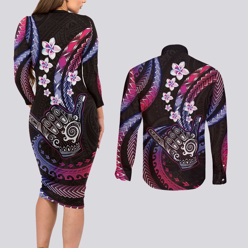 Hawaii Shaka Sign Couples Matching Long Sleeve Bodycon Dress and Long Sleeve Button Shirt Fantastic Frangipani Sweet Vibes LT01 - Polynesian Pride