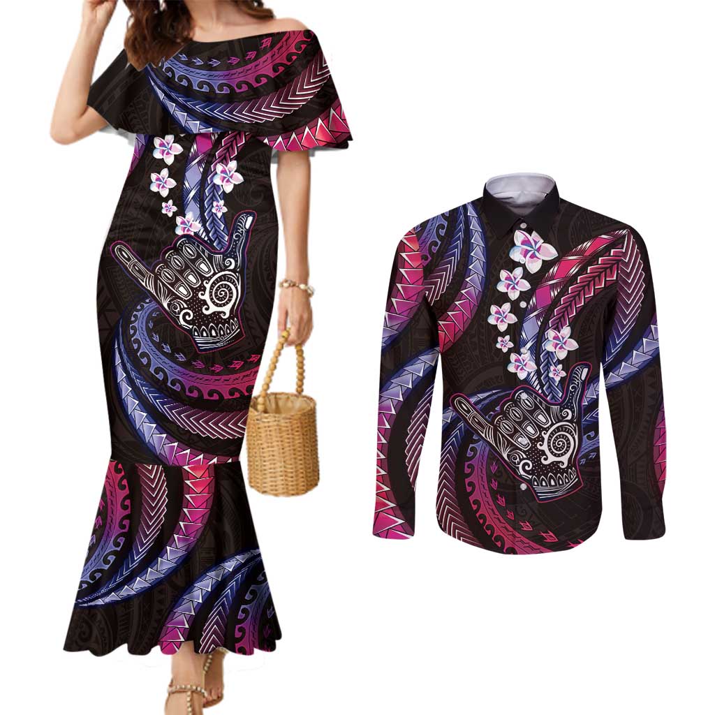 Hawaii Shaka Sign Couples Matching Mermaid Dress and Long Sleeve Button Shirt Fantastic Frangipani Sweet Vibes LT01 Pink - Polynesian Pride