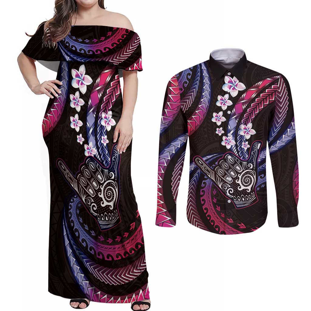 Hawaii Shaka Sign Couples Matching Off Shoulder Maxi Dress and Long Sleeve Button Shirt Fantastic Frangipani Sweet Vibes LT01 Pink - Polynesian Pride