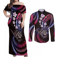 Hawaii Shaka Sign Couples Matching Off Shoulder Maxi Dress and Long Sleeve Button Shirt Fantastic Frangipani Sweet Vibes LT01 Pink - Polynesian Pride