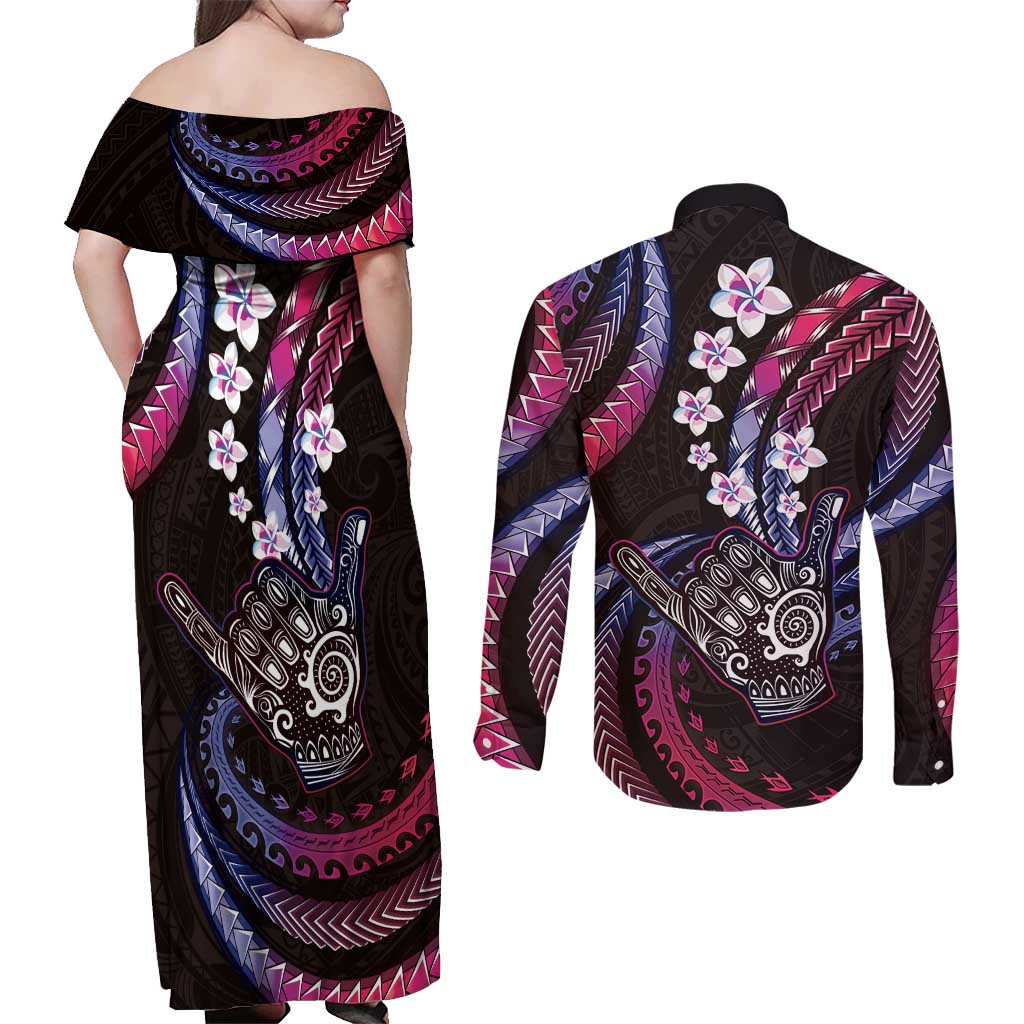 Hawaii Shaka Sign Couples Matching Off Shoulder Maxi Dress and Long Sleeve Button Shirt Fantastic Frangipani Sweet Vibes LT01 - Polynesian Pride