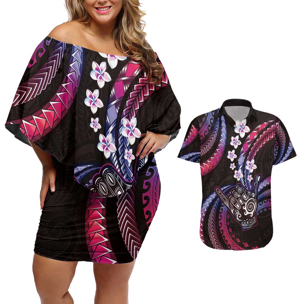 Hawaii Shaka Sign Couples Matching Off Shoulder Short Dress and Hawaiian Shirt Fantastic Frangipani Sweet Vibes LT01 Pink - Polynesian Pride