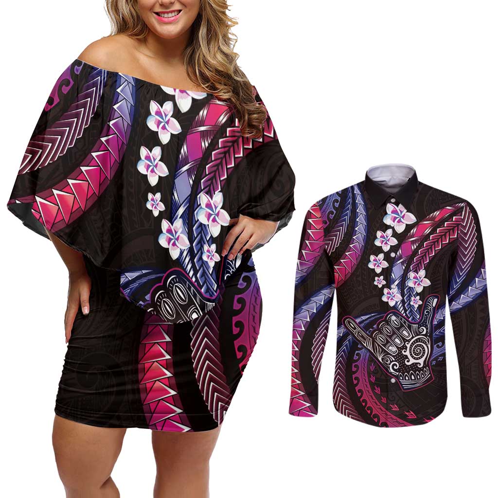Hawaii Shaka Sign Couples Matching Off Shoulder Short Dress and Long Sleeve Button Shirt Fantastic Frangipani Sweet Vibes LT01 Pink - Polynesian Pride