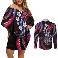 Hawaii Shaka Sign Couples Matching Off Shoulder Short Dress and Long Sleeve Button Shirt Fantastic Frangipani Sweet Vibes LT01 Pink - Polynesian Pride