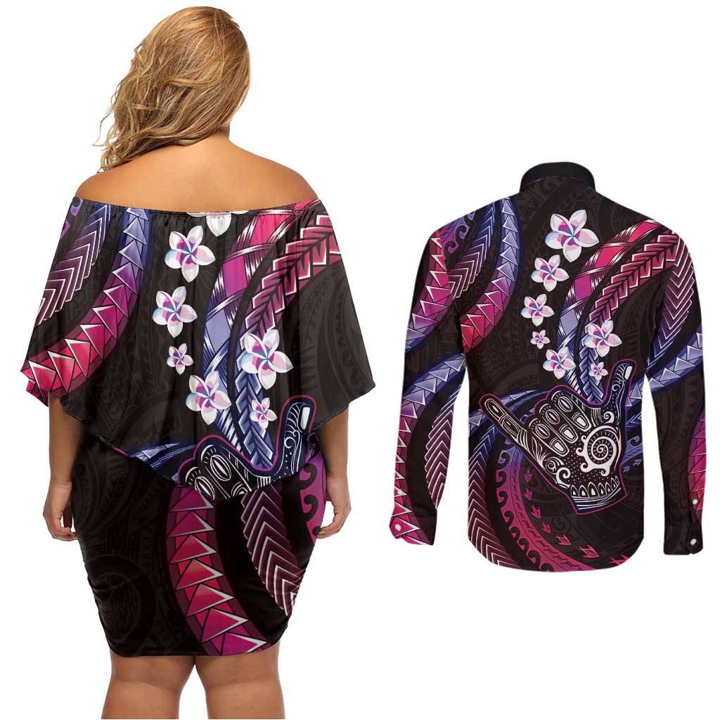 Hawaii Shaka Sign Couples Matching Off Shoulder Short Dress and Long Sleeve Button Shirt Fantastic Frangipani Sweet Vibes LT01 - Polynesian Pride