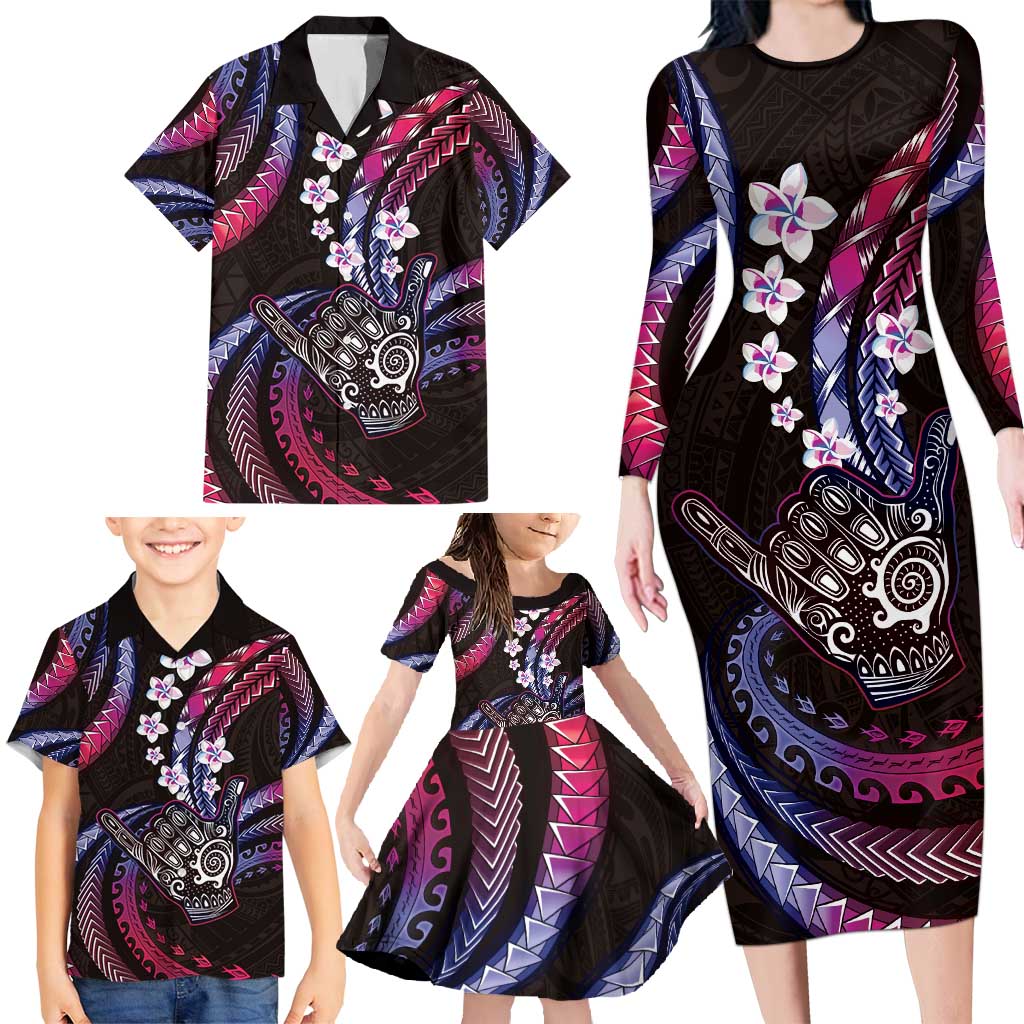 Hawaii Shaka Sign Family Matching Long Sleeve Bodycon Dress and Hawaiian Shirt Fantastic Frangipani Sweet Vibes