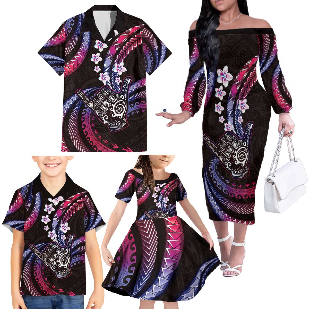 Hawaii Shaka Sign Family Matching Off The Shoulder Long Sleeve Dress and Hawaiian Shirt Fantastic Frangipani Sweet Vibes