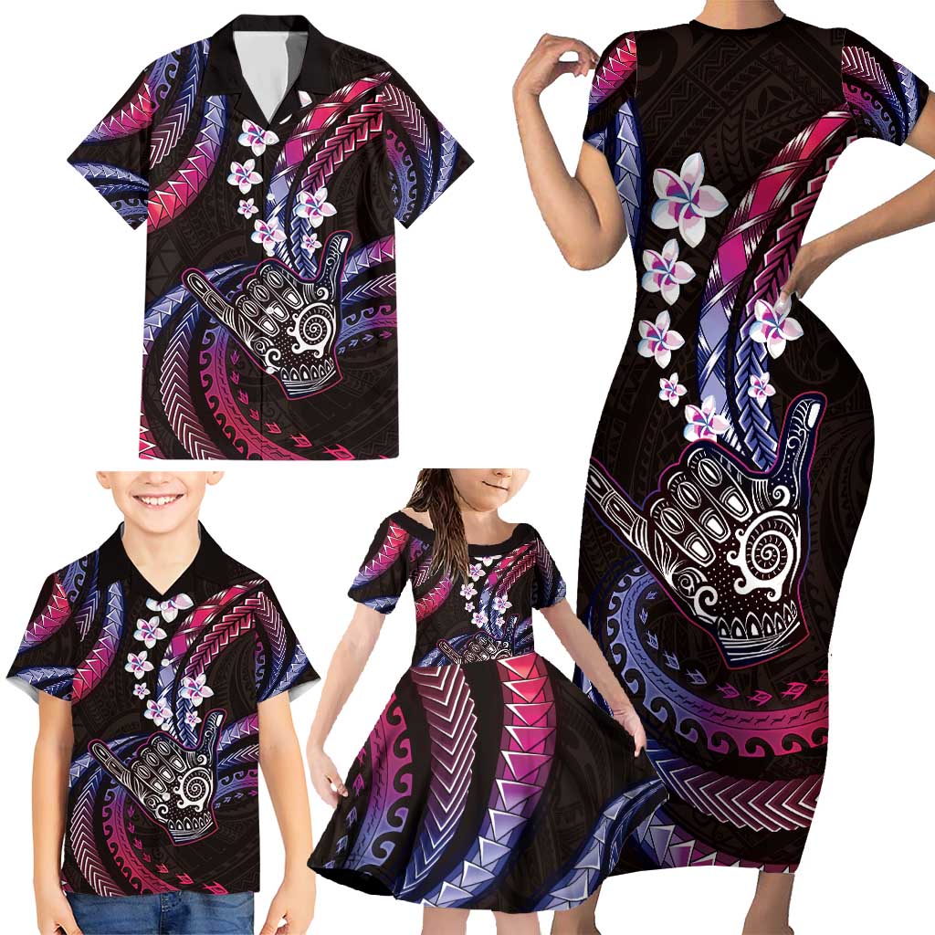 Hawaii Shaka Sign Family Matching Short Sleeve Bodycon Dress and Hawaiian Shirt Fantastic Frangipani Sweet Vibes