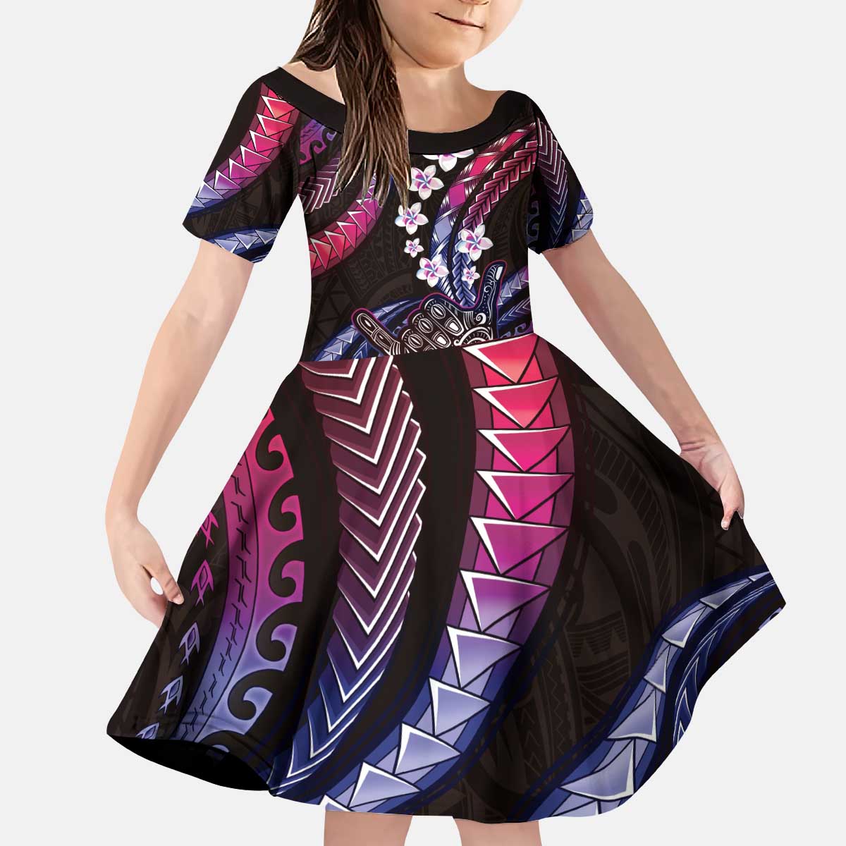 Hawaii Shaka Sign Kid Short Sleeve Dress Fantastic Frangipani Sweet Vibes LT01 KID Pink - Polynesian Pride