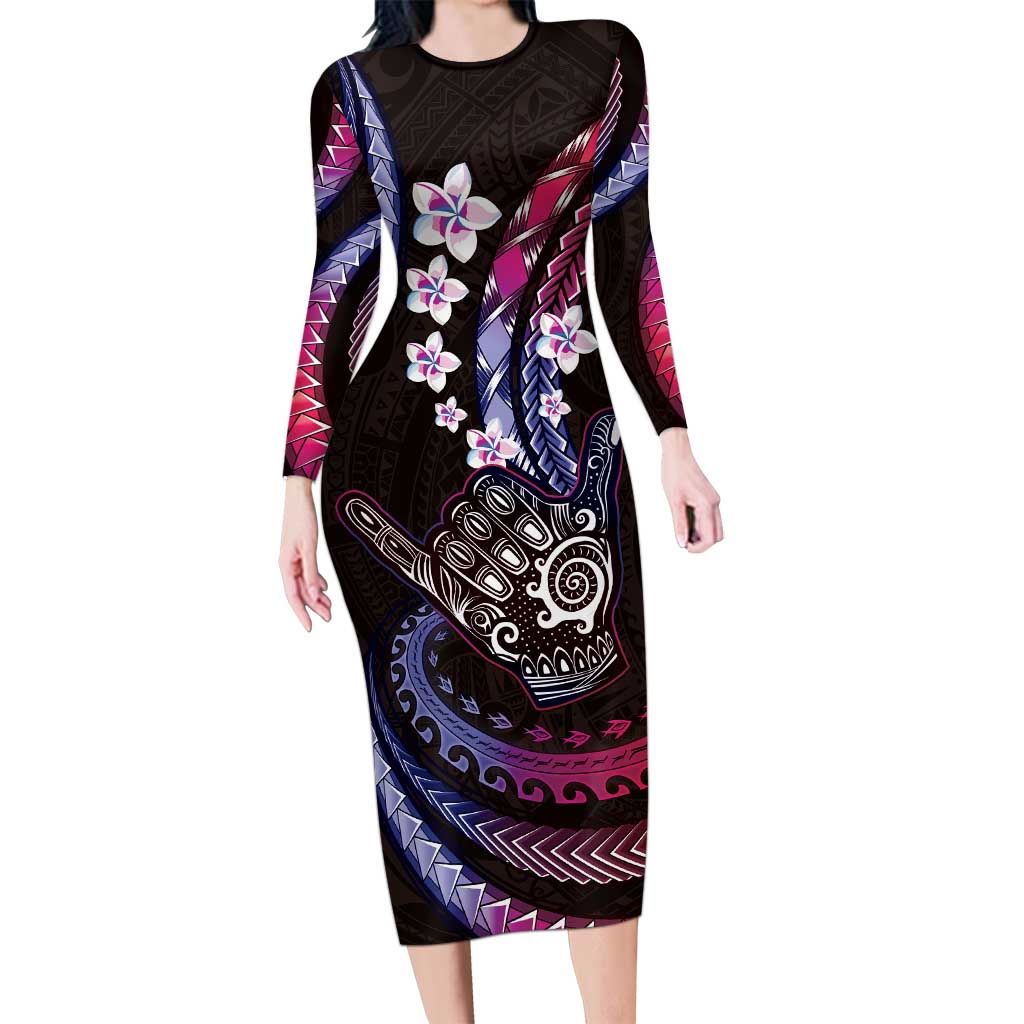 Hawaii Shaka Sign Long Sleeve Bodycon Dress Fantastic Frangipani Sweet Vibes LT01 Long Dress Pink - Polynesian Pride
