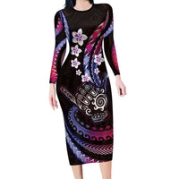 Hawaii Shaka Sign Long Sleeve Bodycon Dress Fantastic Frangipani Sweet Vibes LT01 Long Dress Pink - Polynesian Pride