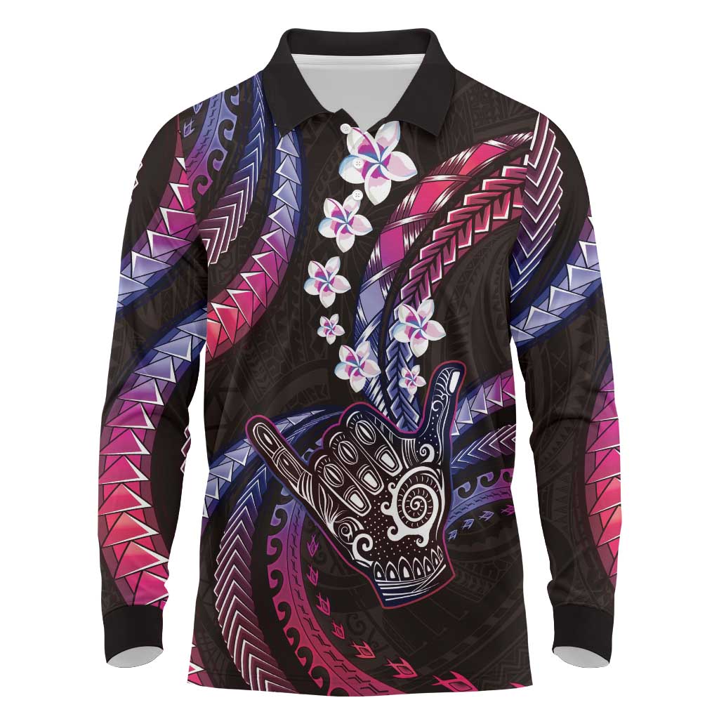 Hawaii Shaka Sign Long Sleeve Polo Shirt Fantastic Frangipani Sweet Vibes LT01 Pink - Polynesian Pride