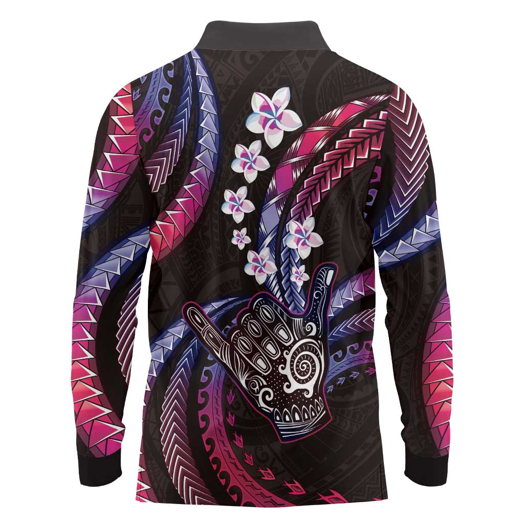 Hawaii Shaka Sign Long Sleeve Polo Shirt Fantastic Frangipani Sweet Vibes LT01 - Polynesian Pride
