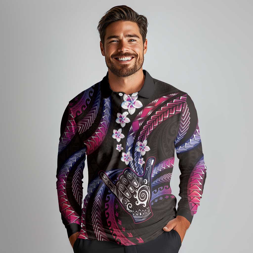 Hawaii Shaka Sign Long Sleeve Polo Shirt Fantastic Frangipani Sweet Vibes LT01 - Polynesian Pride
