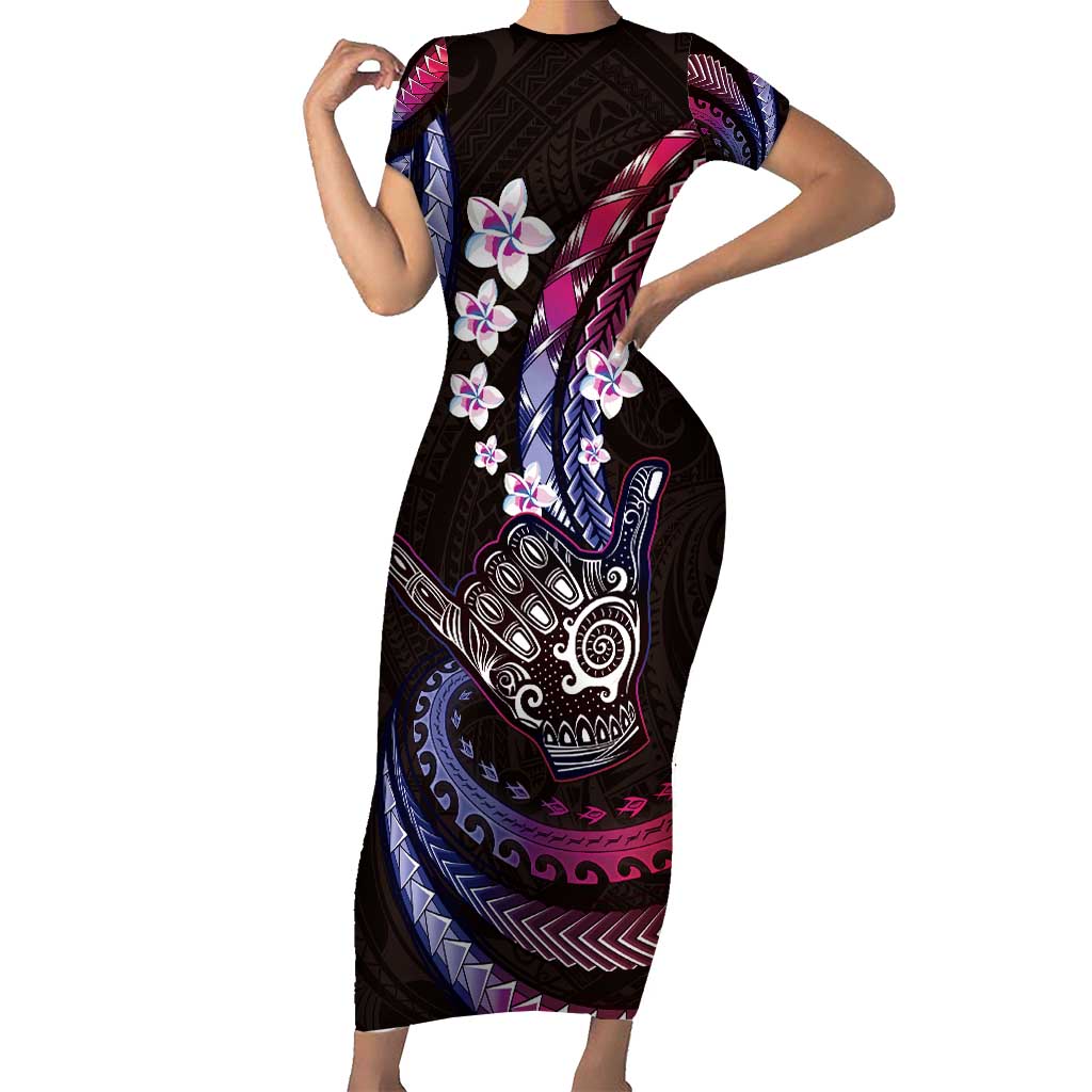Hawaii Shaka Sign Short Sleeve Bodycon Dress Fantastic Frangipani Sweet Vibes