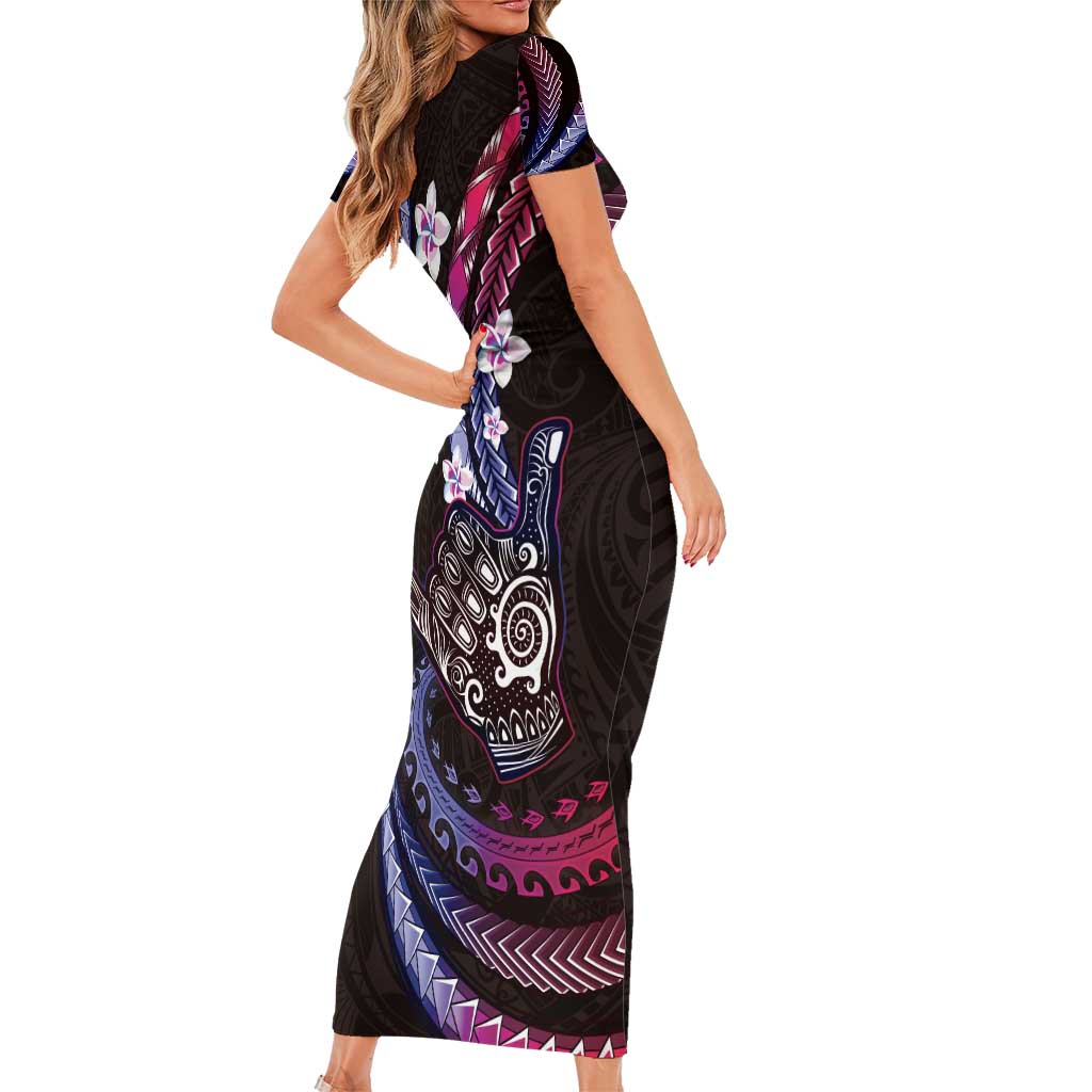 Hawaii Shaka Sign Short Sleeve Bodycon Dress Fantastic Frangipani Sweet Vibes LT01 - Polynesian Pride