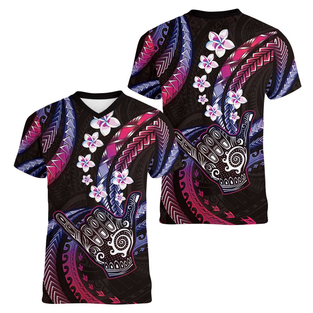 Hawaii Shaka Sign Women V-Neck T-Shirt Fantastic Frangipani Sweet Vibes LT01 - Polynesian Pride