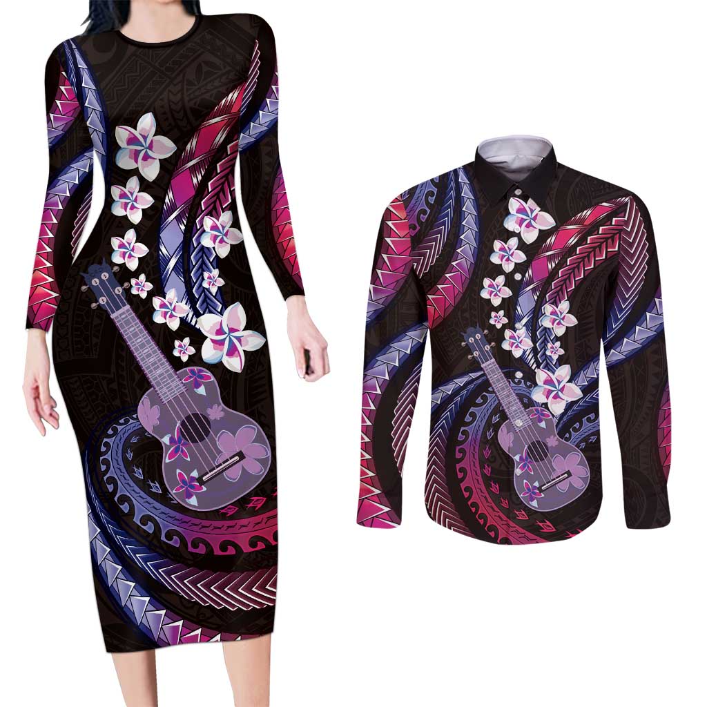 Hawaiian Ukulele Couples Matching Long Sleeve Bodycon Dress and Long Sleeve Button Shirt Sweet Dream Fantastic Plumeria
