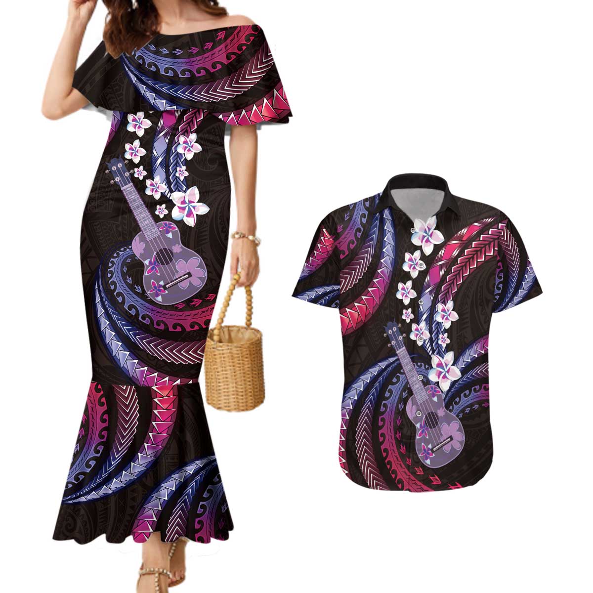 Hawaiian Ukulele Couples Matching Mermaid Dress and Hawaiian Shirt Sweet Dream Fantastic Plumeria LT01 Pink - Polynesian Pride