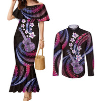 Hawaiian Ukulele Couples Matching Mermaid Dress and Long Sleeve Button Shirt Sweet Dream Fantastic Plumeria LT01 Pink - Polynesian Pride