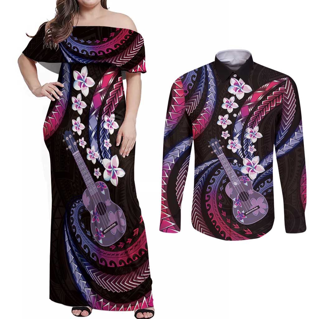 Hawaiian Ukulele Couples Matching Off Shoulder Maxi Dress and Long Sleeve Button Shirt Sweet Dream Fantastic Plumeria LT01 Pink - Polynesian Pride