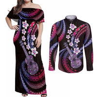 Hawaiian Ukulele Couples Matching Off Shoulder Maxi Dress and Long Sleeve Button Shirt Sweet Dream Fantastic Plumeria LT01 Pink - Polynesian Pride