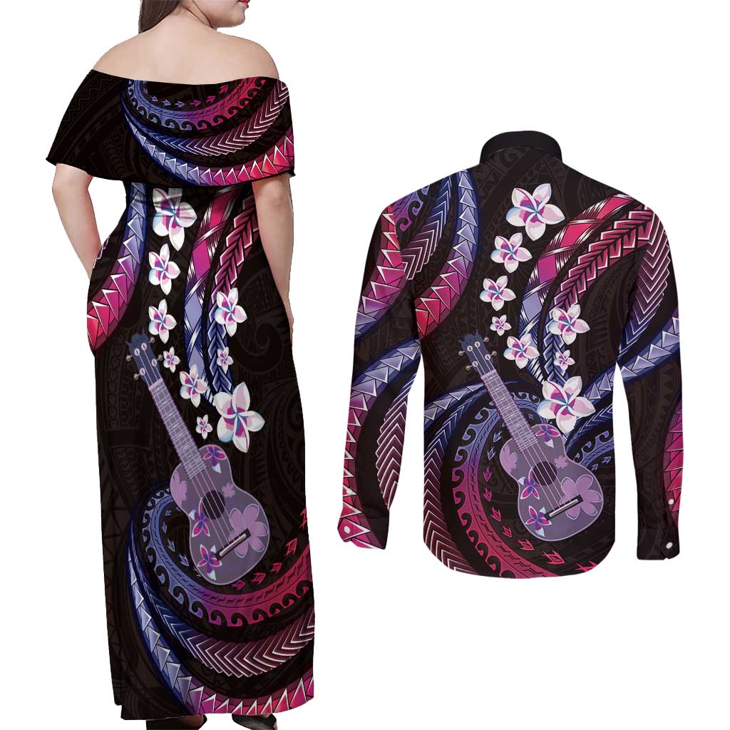 Hawaiian Ukulele Couples Matching Off Shoulder Maxi Dress and Long Sleeve Button Shirt Sweet Dream Fantastic Plumeria LT01 - Polynesian Pride