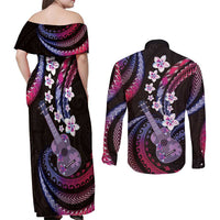 Hawaiian Ukulele Couples Matching Off Shoulder Maxi Dress and Long Sleeve Button Shirt Sweet Dream Fantastic Plumeria LT01 - Polynesian Pride