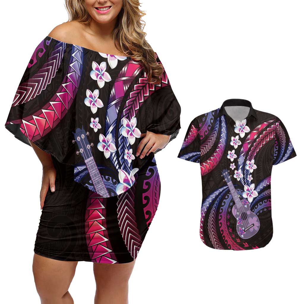 Hawaiian Ukulele Couples Matching Off Shoulder Short Dress and Hawaiian Shirt Sweet Dream Fantastic Plumeria LT01 Pink - Polynesian Pride
