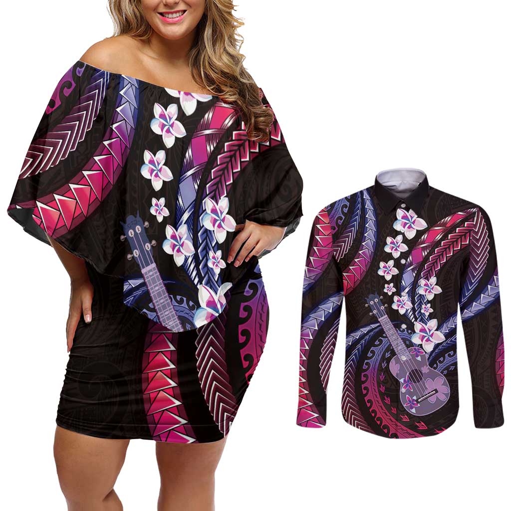 Hawaiian Ukulele Couples Matching Off Shoulder Short Dress and Long Sleeve Button Shirt Sweet Dream Fantastic Plumeria LT01 Pink - Polynesian Pride