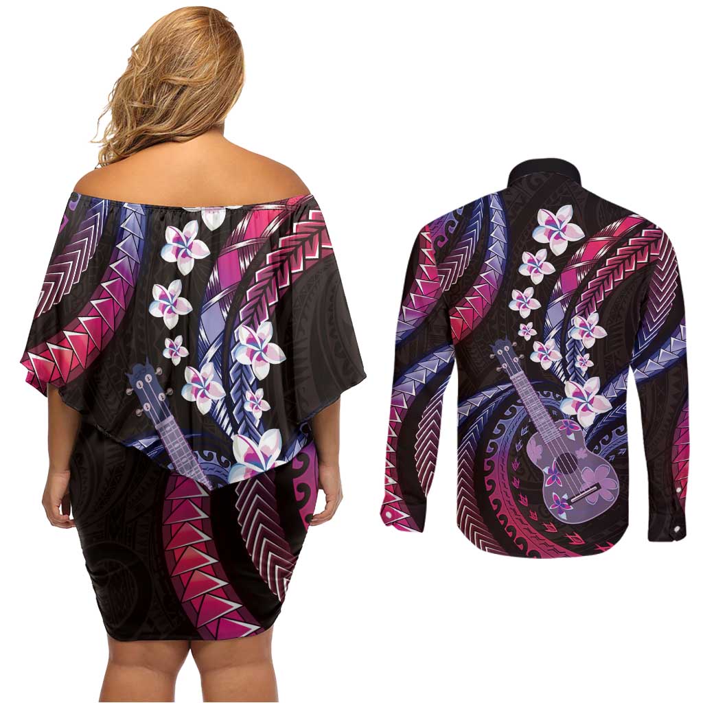 Hawaiian Ukulele Couples Matching Off Shoulder Short Dress and Long Sleeve Button Shirt Sweet Dream Fantastic Plumeria LT01 - Polynesian Pride