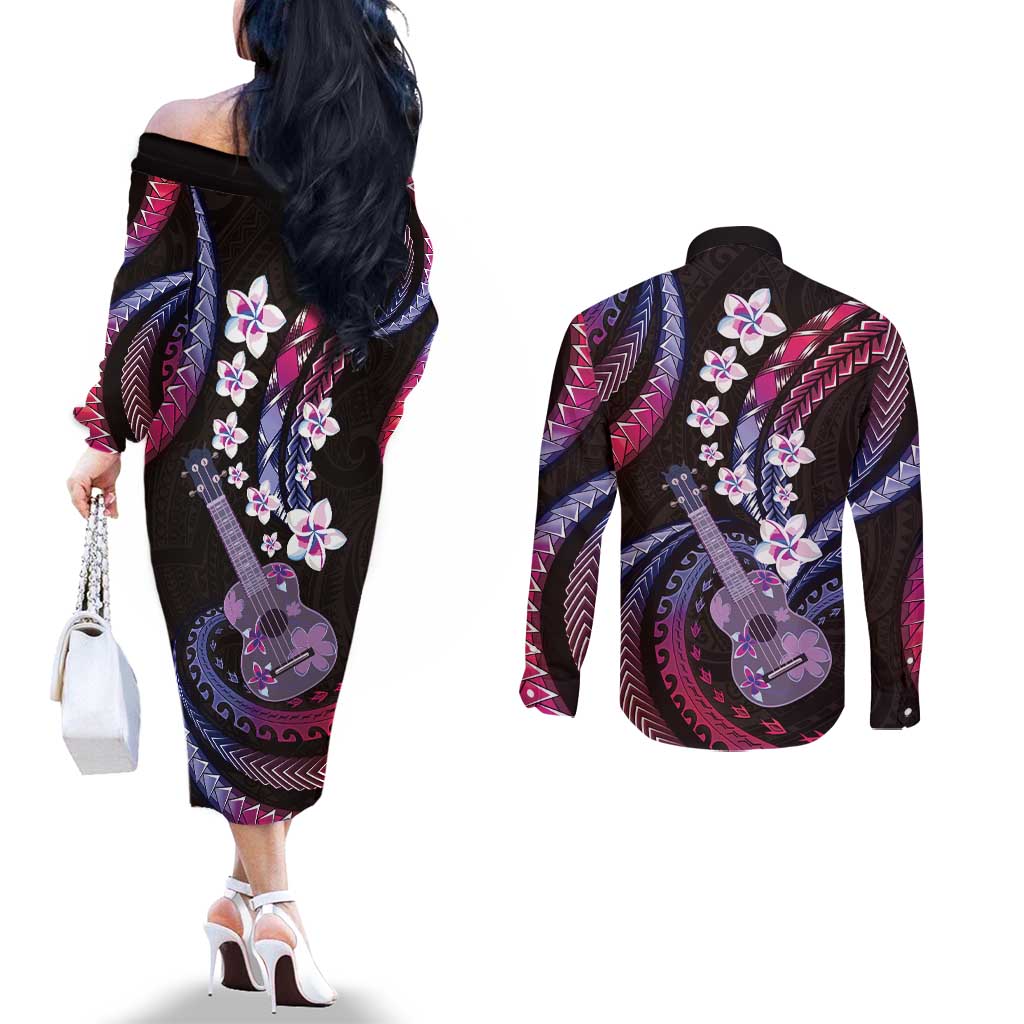 Hawaiian Ukulele Couples Matching Off The Shoulder Long Sleeve Dress and Long Sleeve Button Shirt Sweet Dream Fantastic Plumeria LT01 - Polynesian Pride