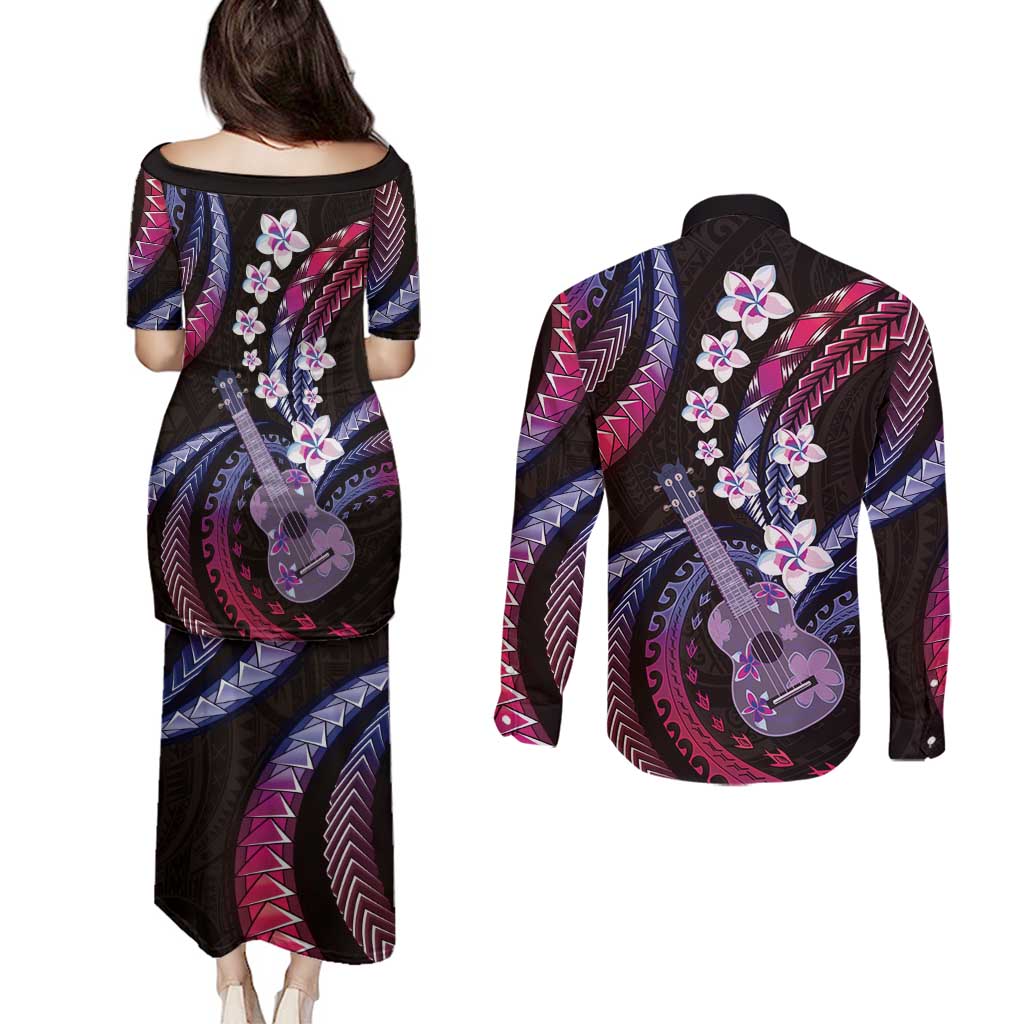 Hawaiian Ukulele Couples Matching Puletasi and Long Sleeve Button Shirt Sweet Dream Fantastic Plumeria LT01 - Polynesian Pride