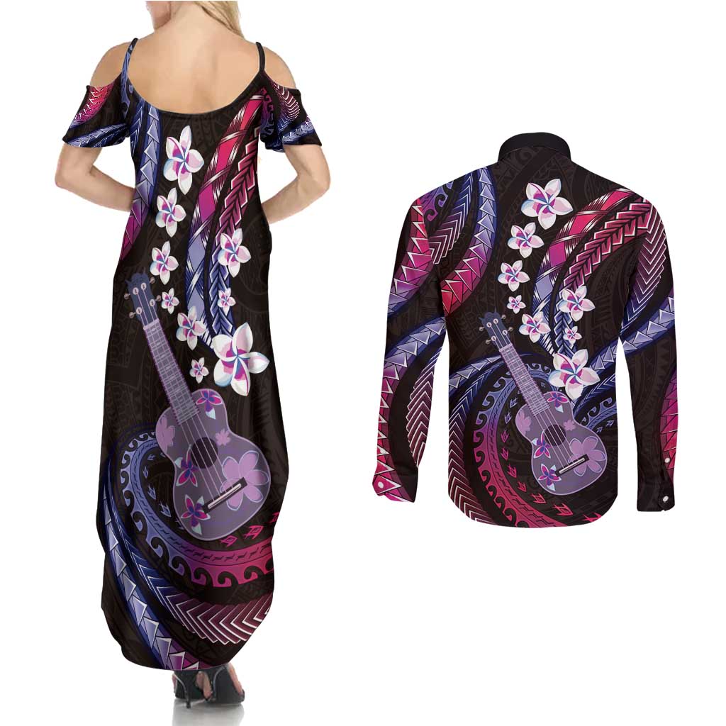 Hawaiian Ukulele Couples Matching Summer Maxi Dress and Long Sleeve Button Shirt Sweet Dream Fantastic Plumeria LT01 - Polynesian Pride