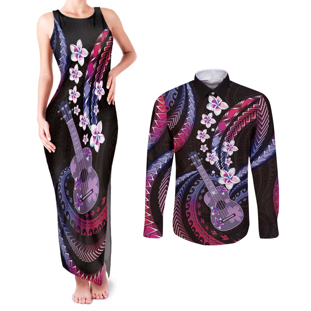 Hawaiian Ukulele Couples Matching Tank Maxi Dress and Long Sleeve Button Shirt Sweet Dream Fantastic Plumeria LT01 Pink - Polynesian Pride