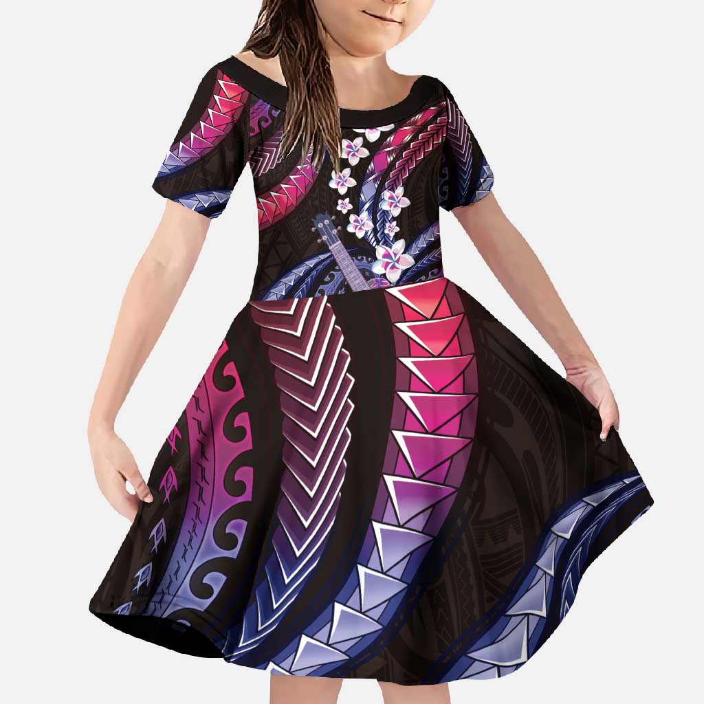Hawaiian Ukulele Family Matching Long Sleeve Bodycon Dress and Hawaiian Shirt Sweet Dream Fantastic Plumeria LT01 Daughter's Dress Pink - Polynesian Pride